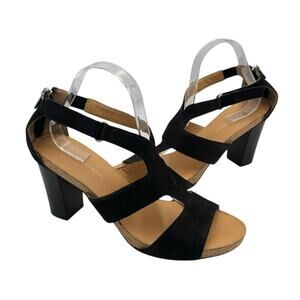 Adrienne Vittadini Saha City Black Nubuck Leather Block Heel Strappy Sandals